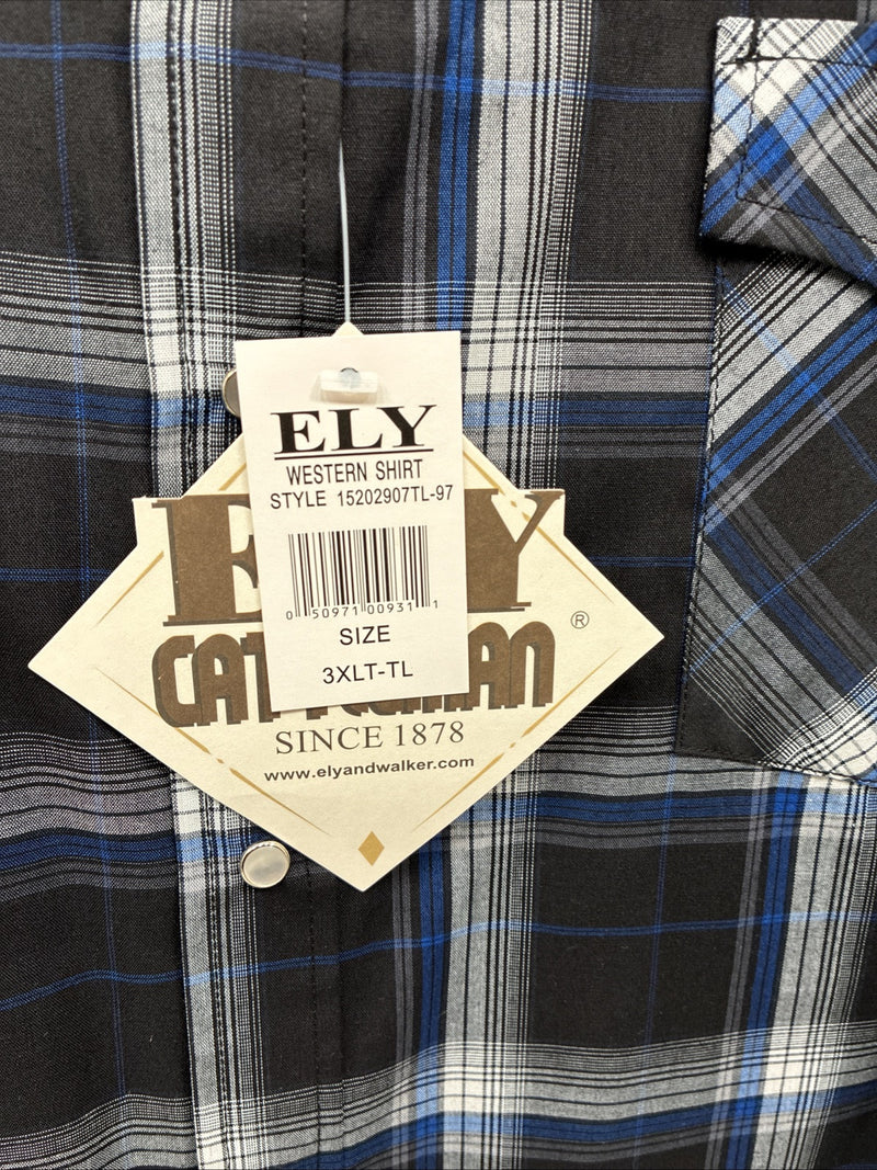 New Men’s ELY Cattleman Black Blue Long Sleeve Pearl Snap 3XL E-38