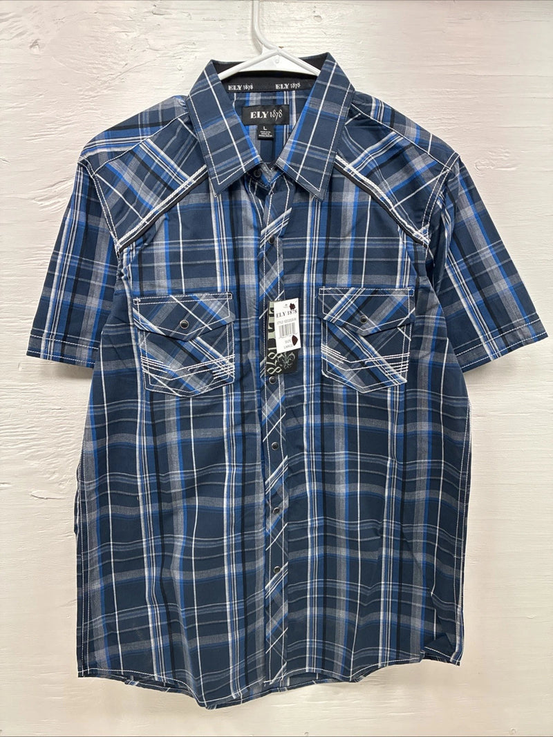 New Men’s ELY 1878 Blue Gray Plaid Short Sleeve Pearl Snap Large X-45