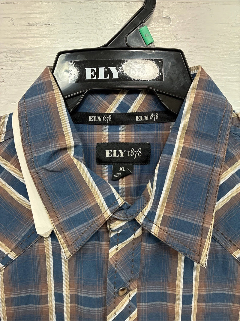New Men’s ELY 1878 Blue Brown Plaid Long Sleeve Pearl Snap XL T-13
