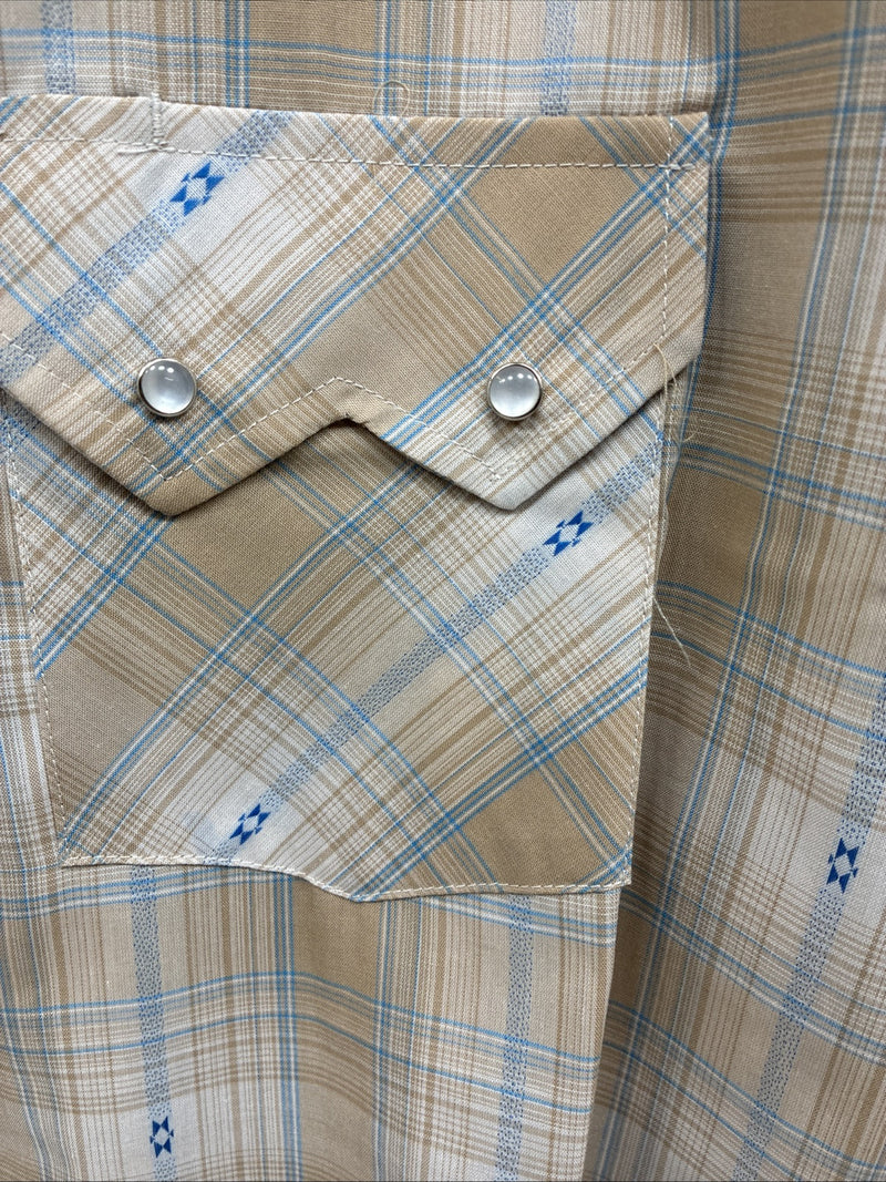New Men’s ELY Cattleman Beige Flannel Design Long Sleeve Pearl Snap 2XL F-91