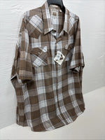 New Men’s ELY Cattleman Tan White Flannel Short Sleeve Pearl Snap 4XL E-69