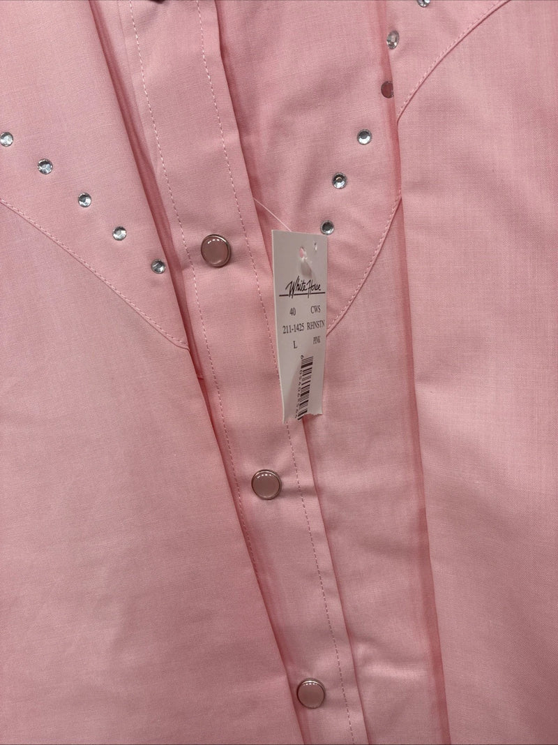 New Women’s White Horse Pink Gem Long Sleeve Pearl Snap Large II-75