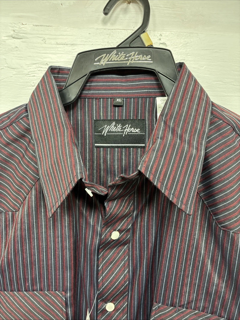 New Men’s White Horse Black Red Stripe Long Sleeve Pearl Snap XL H-77