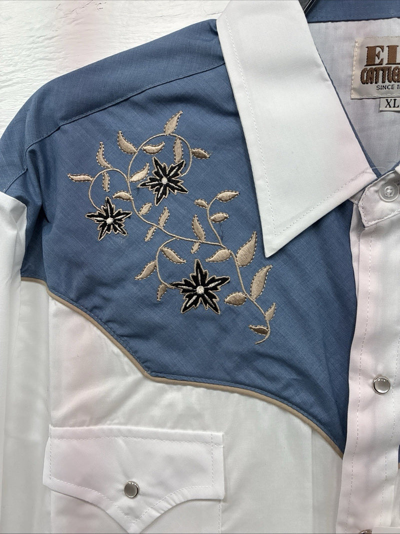 New Men’s ELY Cattleman White Blue Embroidered Long Sleeve Pearl Snap XL H-75