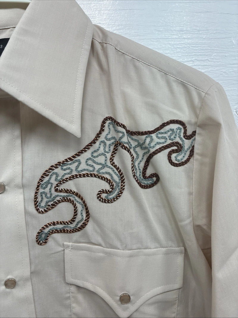 New Men’s Champion Western Tan Embroidered Long Sleeve Pearl Snap Medium T-84