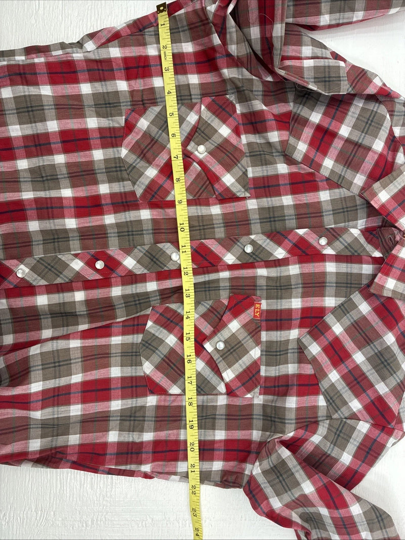 New Men’s ELY Plains Red Brown Plaid Long Sleeve Pearl Snap Medium X-42