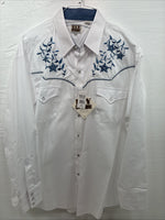 New Men’s ELY Cattleman White Blue Embroidered Long Sleeve Pearl Snap XL H-88