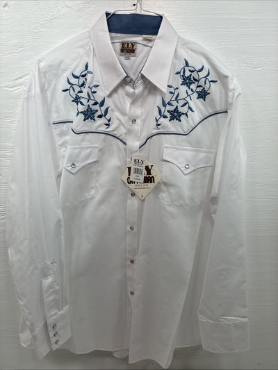New Men’s ELY Cattleman White Blue Embroidered Long Sleeve Pearl Snap XL H-88