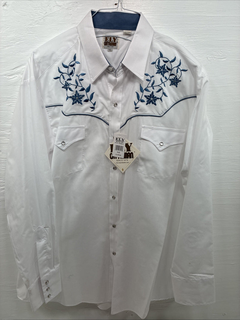 New Men’s ELY Cattleman White Blue Embroidered Long Sleeve Pearl Snap XL H-88