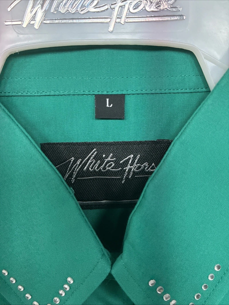 New Women’s White Horse Green Gem Long Sleeve Pearl Snap Large II-74