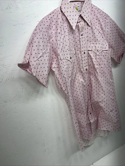 New Men’s Pink Permanent Press Short Sleeve Pearl Snap Shirt Medium P-24
