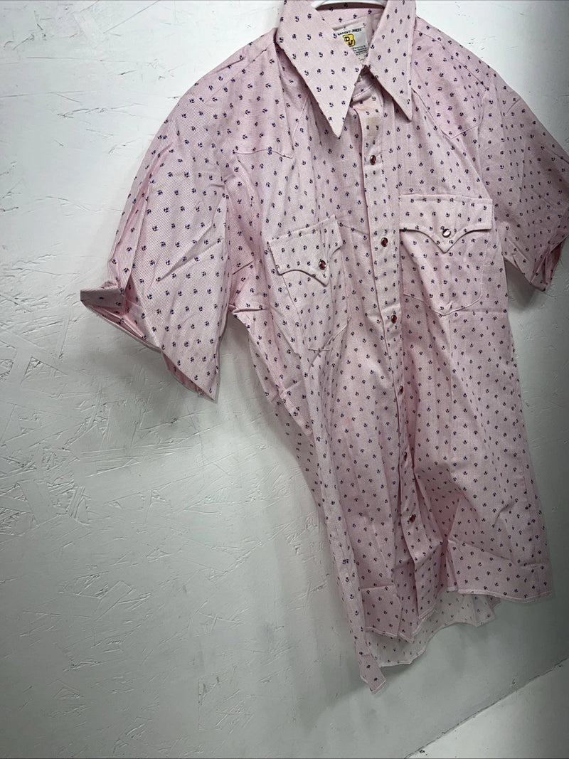 New Men’s Pink Permanent Press Short Sleeve Pearl Snap Shirt Medium P-24