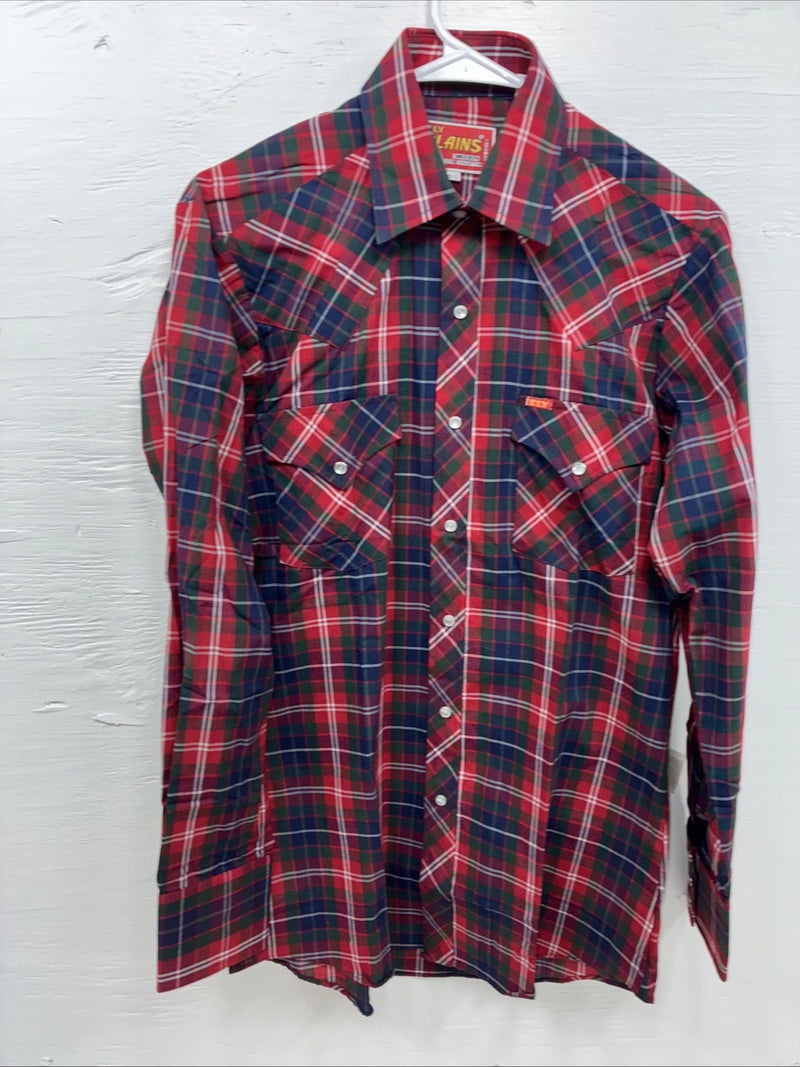 New Men’s ELY Plains Red Plaid Long Sleeve Pearl Snap 14.5 X 33 Small AA-92