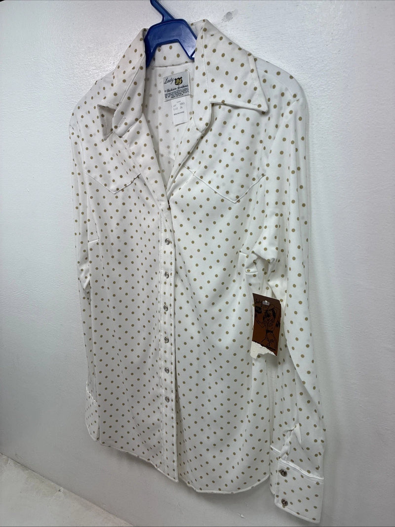 New Women’s Lady DJ White Brown Polkadot Long Sleeve Pearl Snap Size 34 YY-114
