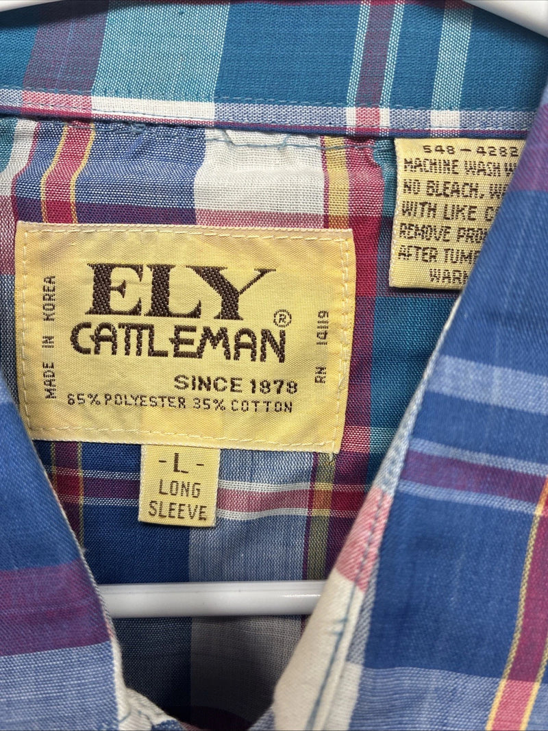 New Men’s ELY Cattleman Blue Multicolor Plaid Long Sleeve Pearl Snap Large X-17