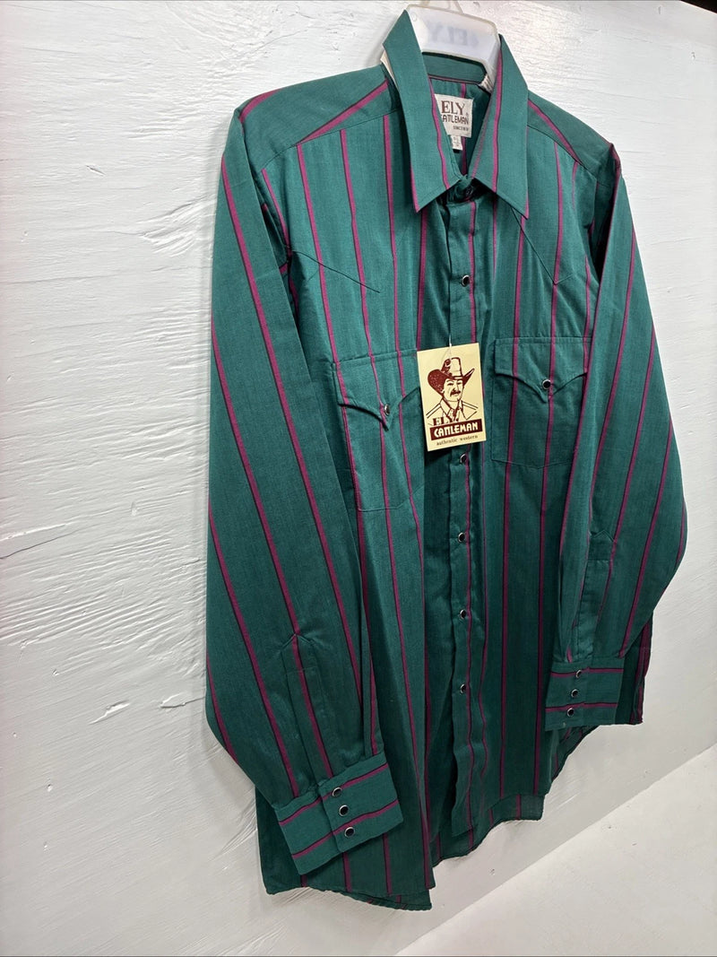 New Men’s ELY Cattleman Green Pink Stripe Long Sleeve Pearl Snap 16.5 Large Q-81