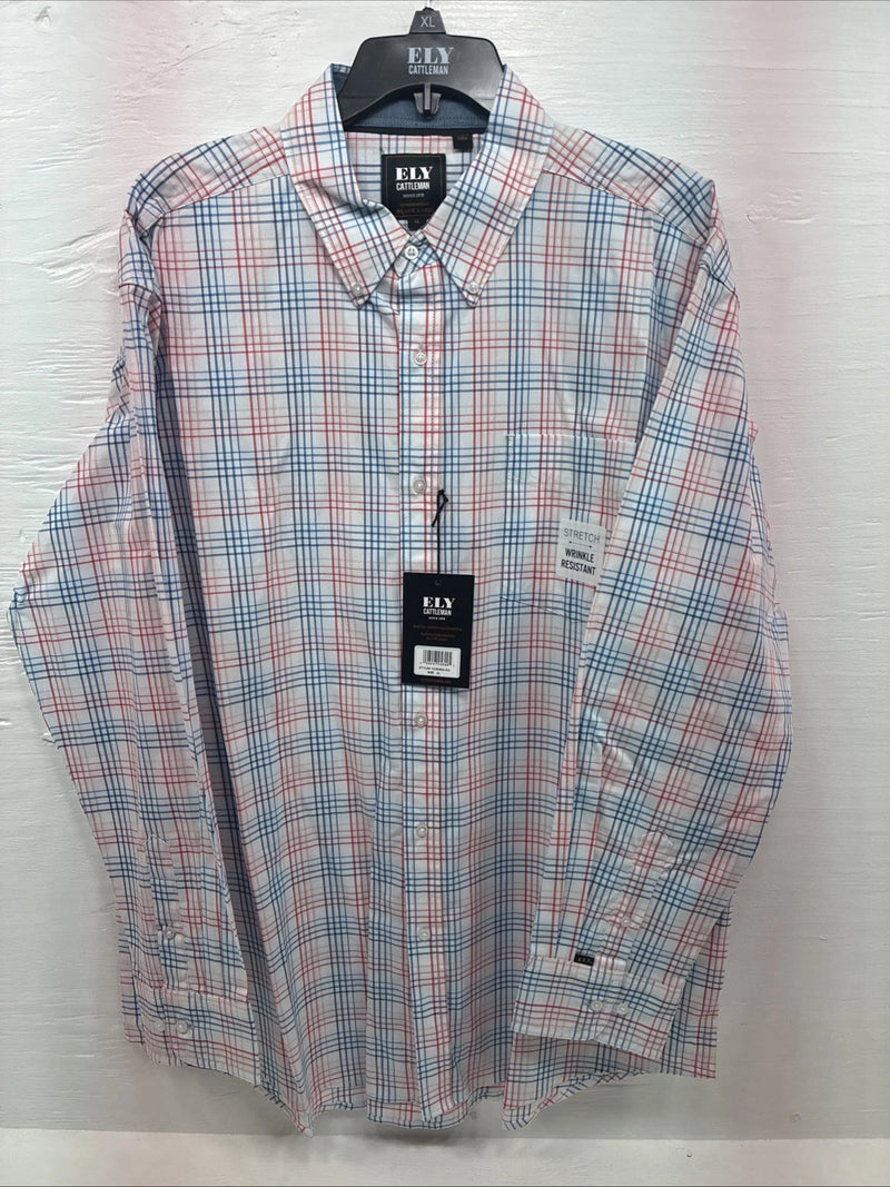New Men’s ELY Cattleman White Multicolor Plaid Long Sleeve Button Up XL R-52