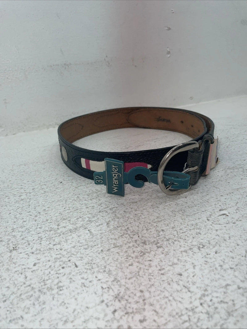 New Black Genuine Leather Wrangler Pink Striped Fabric 32” Belt #627005 Z-16