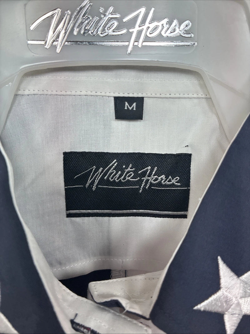 New Women’s White Horse Red White Blue Long Sleeve Pearl Snap Medium KK-16