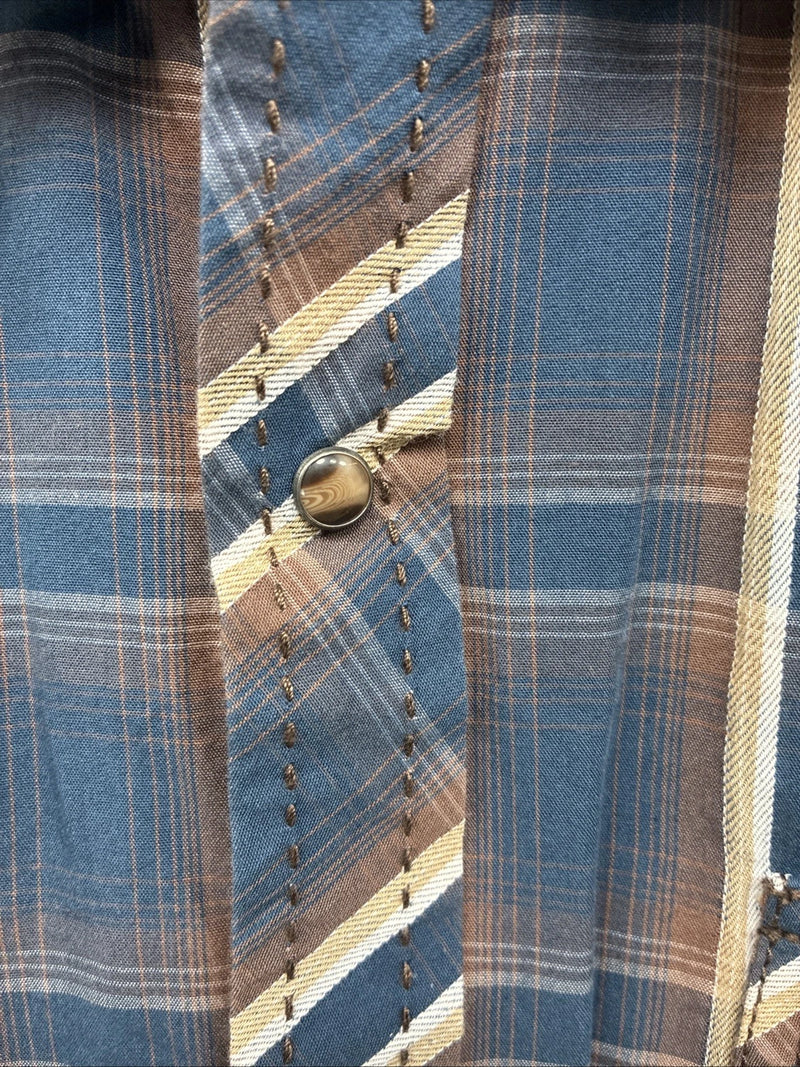 New Men’s ELY 1878 Blue Brown Plaid Long Sleeve Pearl Snap Large Q-32