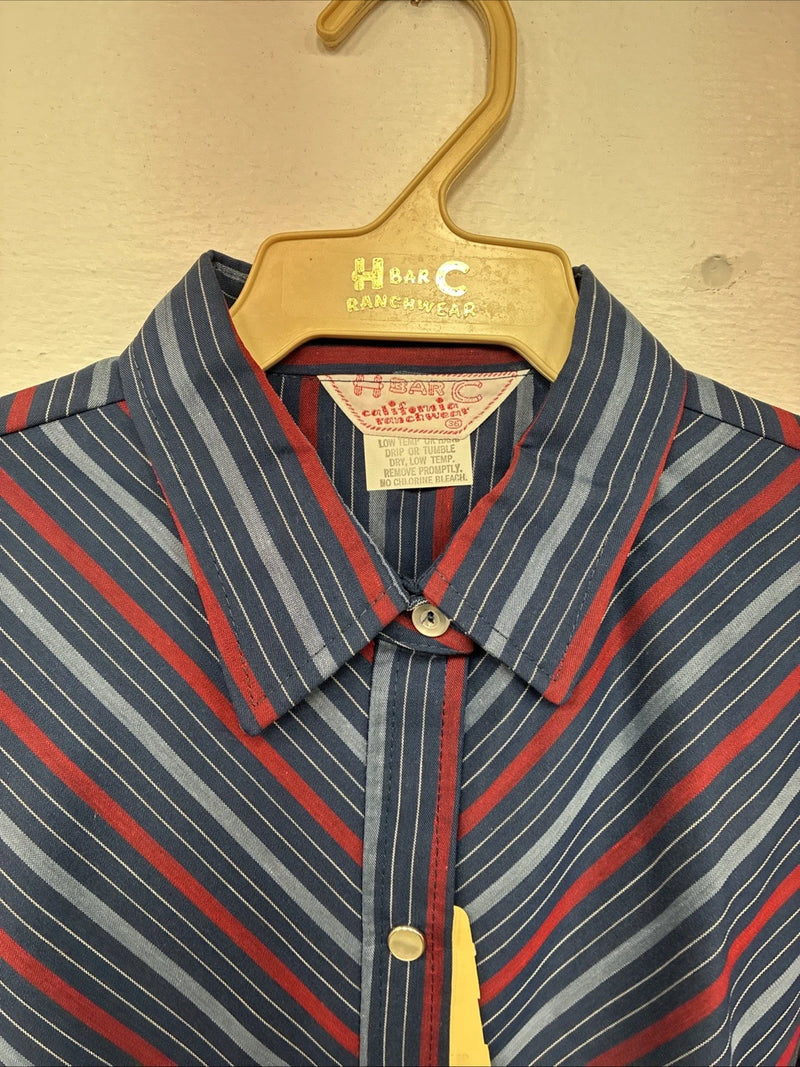 New Women’s H Bar C Blue Red Stripe Long Sleeve Pearl Snap Size 36 II-17