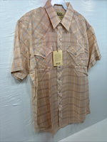 New Men’s ELY Cattleman Coral Plaid Short Sleeve Pearl Snap Large J-79