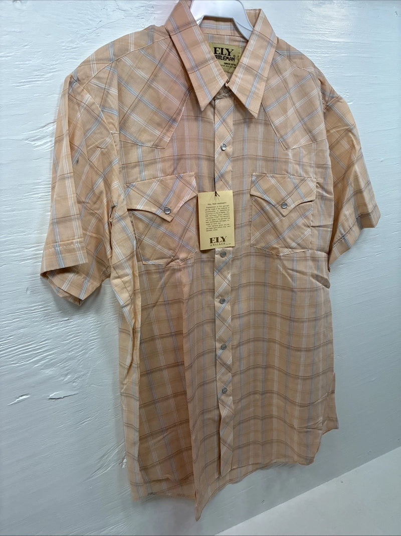 New Men’s ELY Cattleman Coral Plaid Short Sleeve Pearl Snap Large J-79