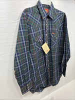 New Men’s ELY Plains Green Blue Plaid Long Sleeve Pearl Snap 16.5 Large Q-85