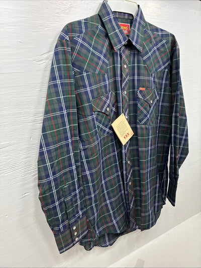 New Men’s ELY Plains Green Blue Plaid Long Sleeve Pearl Snap 16.5 Large Q-85