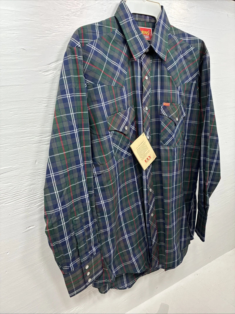 New Men’s ELY Plains Green Blue Plaid Long Sleeve Pearl Snap 16.5 Large Q-85