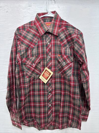 New Men’s ELY Plains Red Plaid Long Sleeve Pearl Snap 15 X 34 Medium AA-79