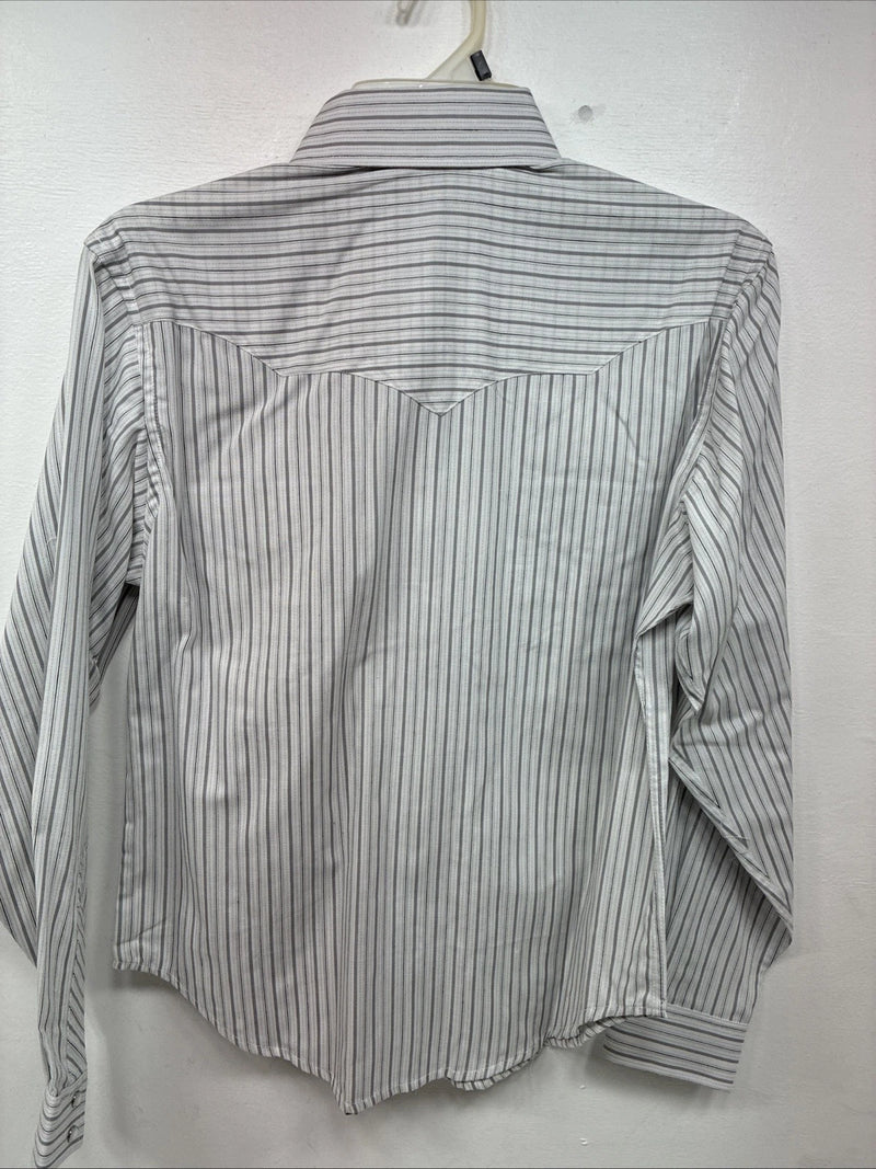 New Women’s White Horse Gray Stripe Long Sleeve Pearl Snap Small DD-117