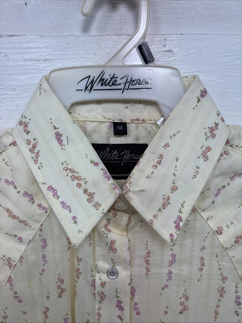 New Kids White Horse Yellow Floral Long Sleeve Pearl Snap Medium CC-110