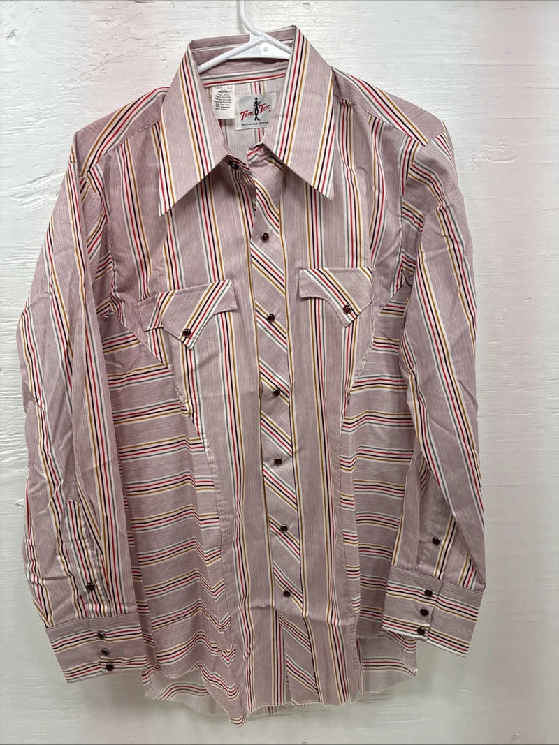 New Men’s Tem Tex Pink Stripe Long Sleeve Pearl Snap 15 Medium X-44