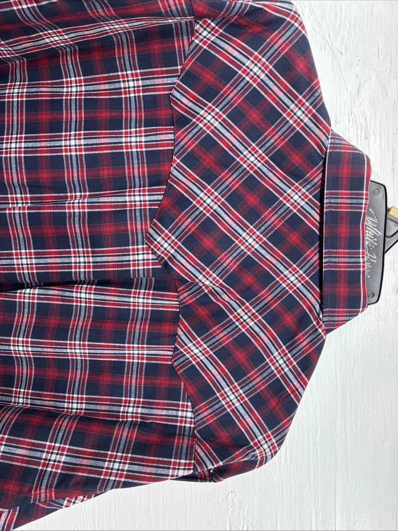 New Men’s White Horse Red Navy Blue Plaid Long Sleeve Pearl Snap XL H-78