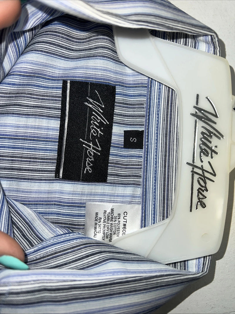 New Men’s White horse Blue Long Sleeve Pearl Snap Small A-193