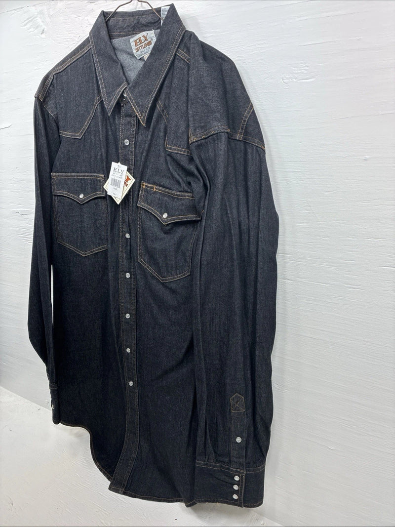 New Men’s ELY Cattleman Dark Jean Design Long Sleeve Pearl Snap Shirt 2XL H-21