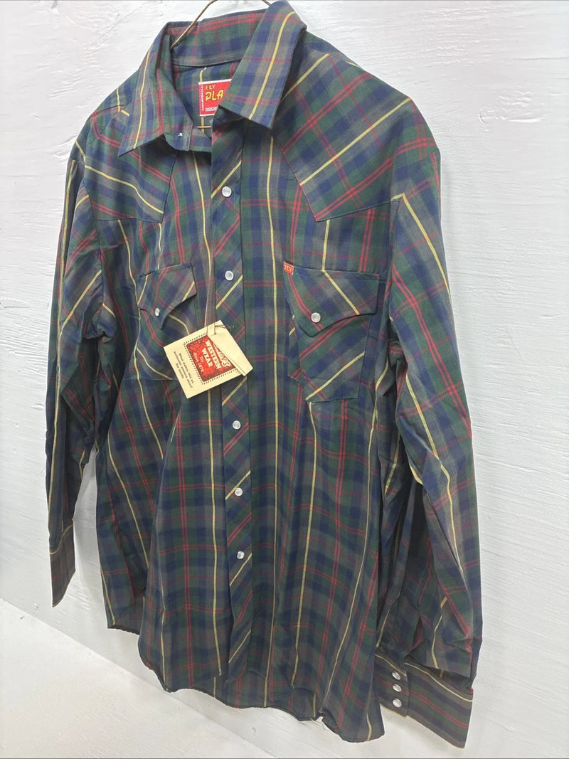 New Men’s ELY Plains Green Plaid Long Sleeve Pearl Snap 16.5 X 34 Large AA-43