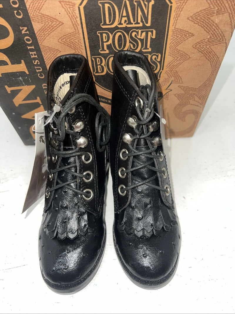 New Infant Black Ostrich Print Lace Up Dan Post Cowboy Boots. 6 D. 24-4