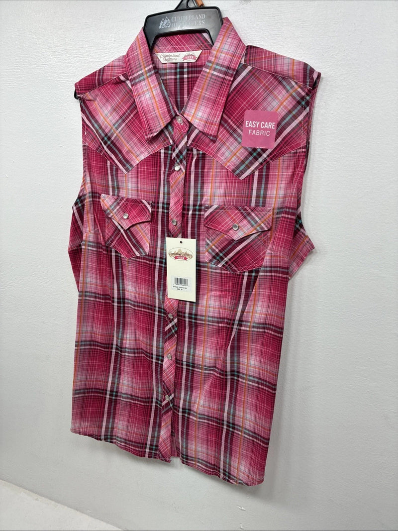 New Women’s Cumberland Pink Plaid Short Sleeve Pearl Snap Medium LL-48