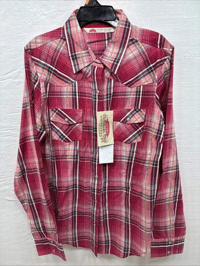 New Women’s Cumberland Pink Plaid Long Sleeve Pearl Snap Medium DD-24