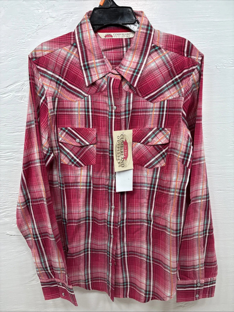 New Women’s Cumberland Pink Plaid Long Sleeve Pearl Snap Medium DD-24