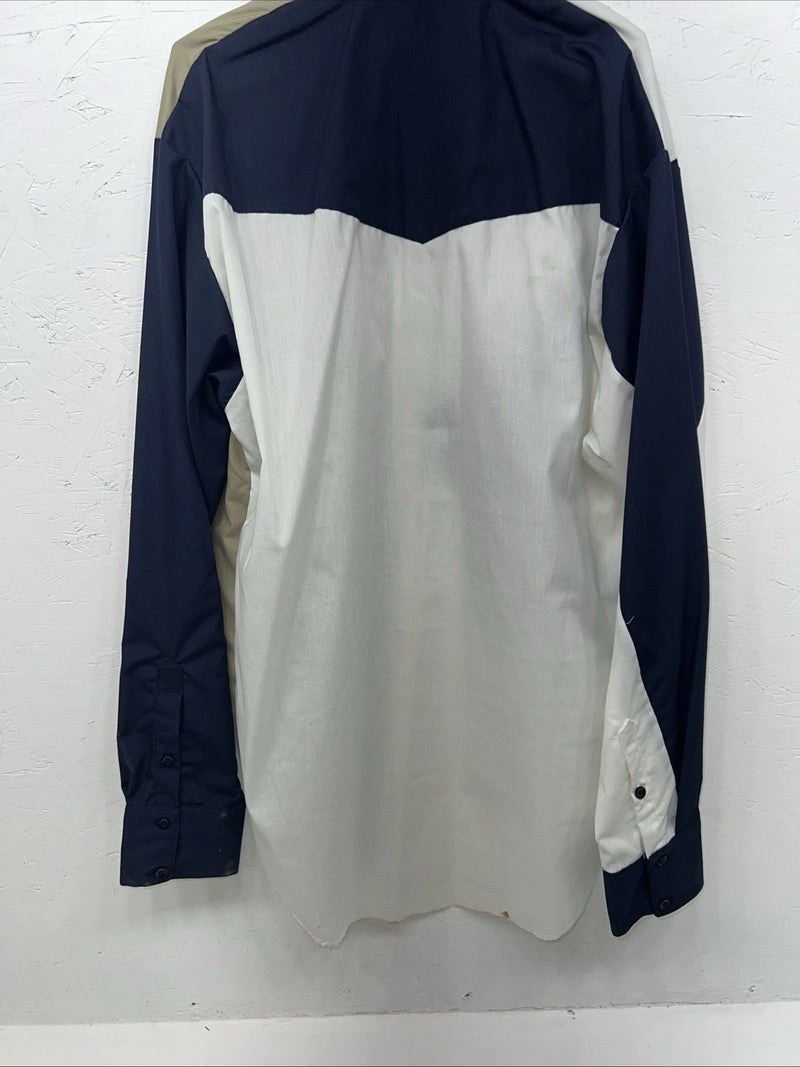 New Men’s Navy White Tan Cowboy Threads Button Up Long Sleeve Shirt Medium I-53