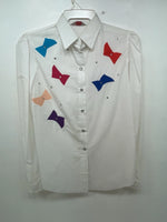 New Women’s White And Colored H Bar C Long Sleeve Button Up Shirt M 3B-87