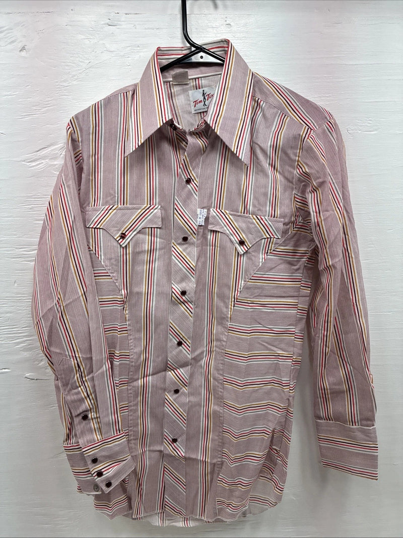 New Men’s Tem Tex Pink Multicolor Stripe Long Sleeve Pearl Snap 14.5 Small M-99