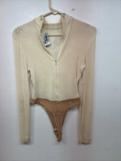 New Tadaski Cream Gem Long Sleeve Half Zip Showing Bodysuit Small TT-44