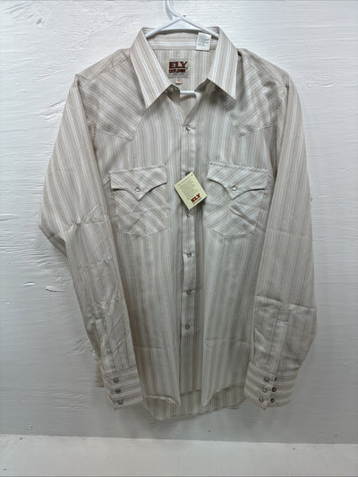 New Men’s ELY Cattleman Tan Stripe Long Sleeve Pearl Snap Medium J-97