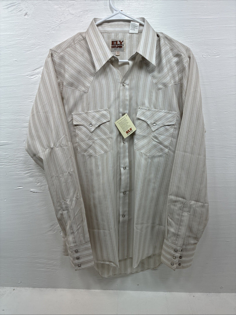 New Men’s ELY Cattleman Tan Stripe Long Sleeve Pearl Snap Medium J-97
