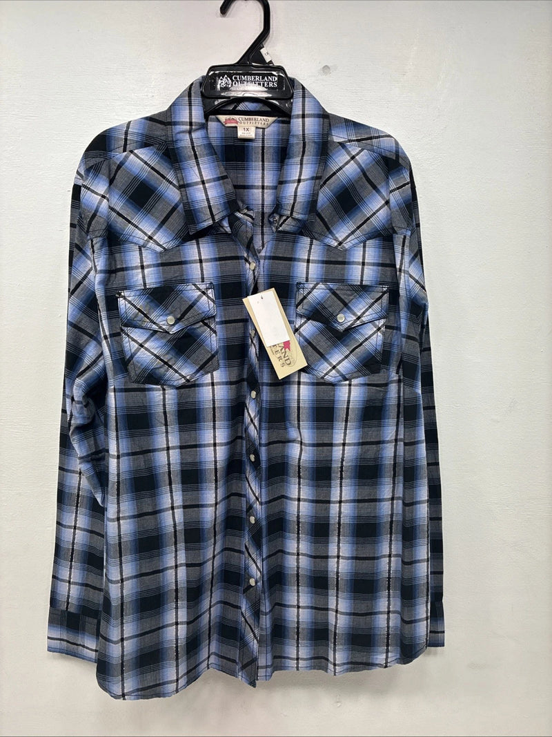 New Women’s Cumberland Blue Black Plaid Long Sleeve Pearl Snap XL GG-64