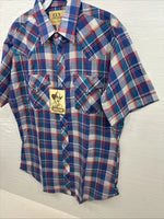 New Men’s ELY Cattleman Blue Plaid Short Sleeve Pearl Snap Medium AA-116 